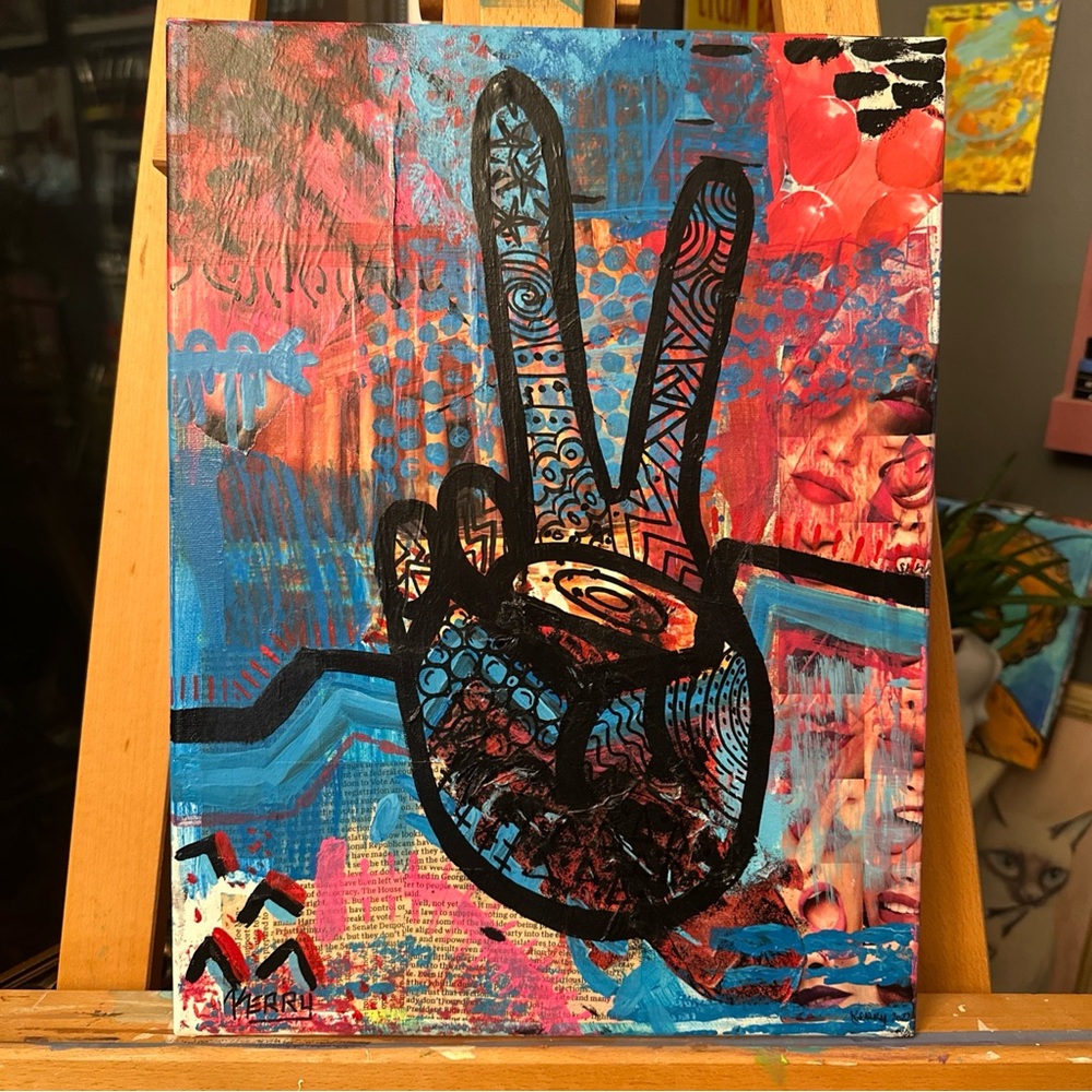 Peace sign mixed media art painting 12 x 16 inches one of a kind, signed
